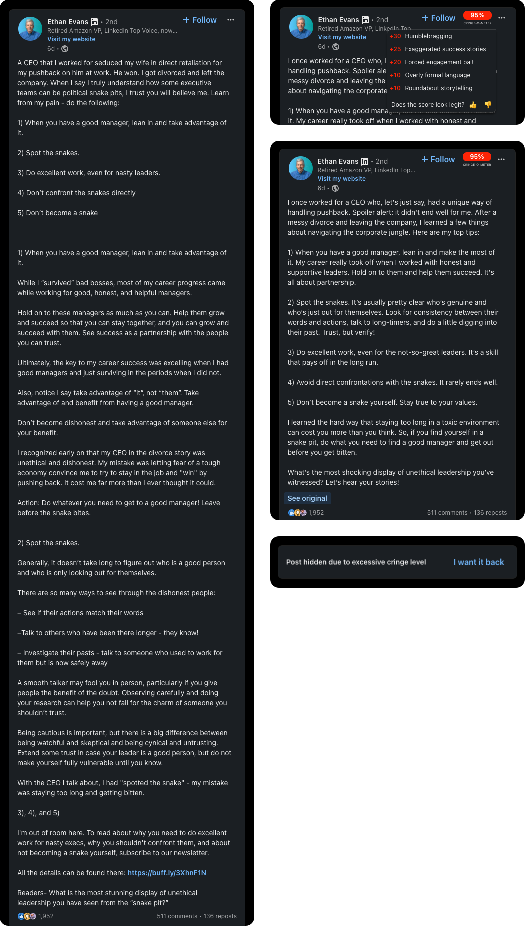 A LinkedIn post before Cringe-o-meter, next to the scored and rewritten version
