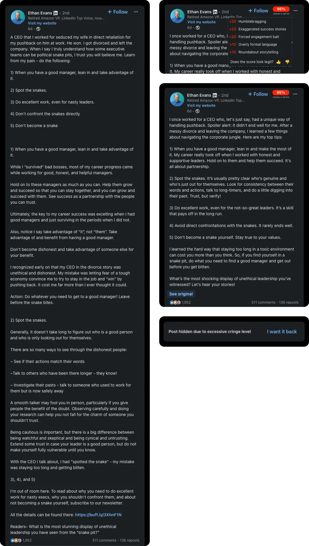 Before and after comparsion of LinkedIn post
